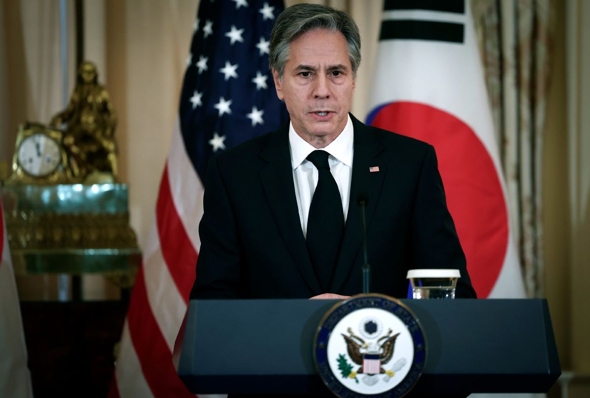 U.S. Secretary of State Antony Blinken speaks during an event with the South Korean foreign minister about the Chinese surveillance balloon identified in U.S. airspace February 3, 2023 in Washington, DC.  (Win McNamee/Getty Images)