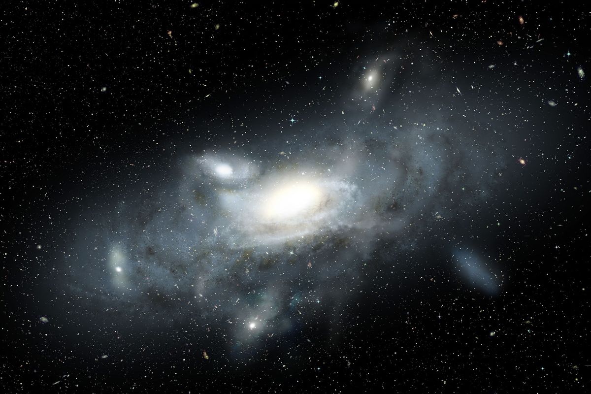 The Sparkler galaxy provides a snap-shot of an infant Milky Way as it accretes mass over cosmic time. This image shows an artist impression of our Milky Way galaxy in its youth. (James Josephides/Swinburne University)