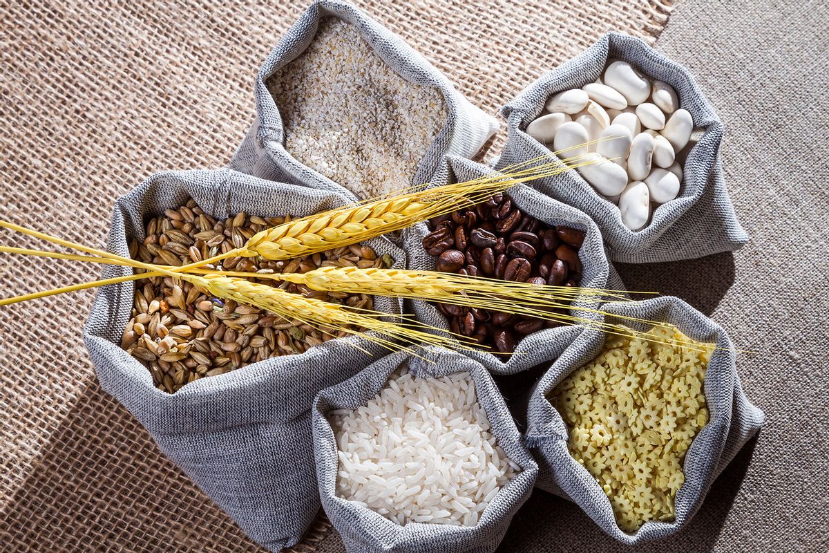 Canvas bags filled with food crops (Getty Images/Shaiith)