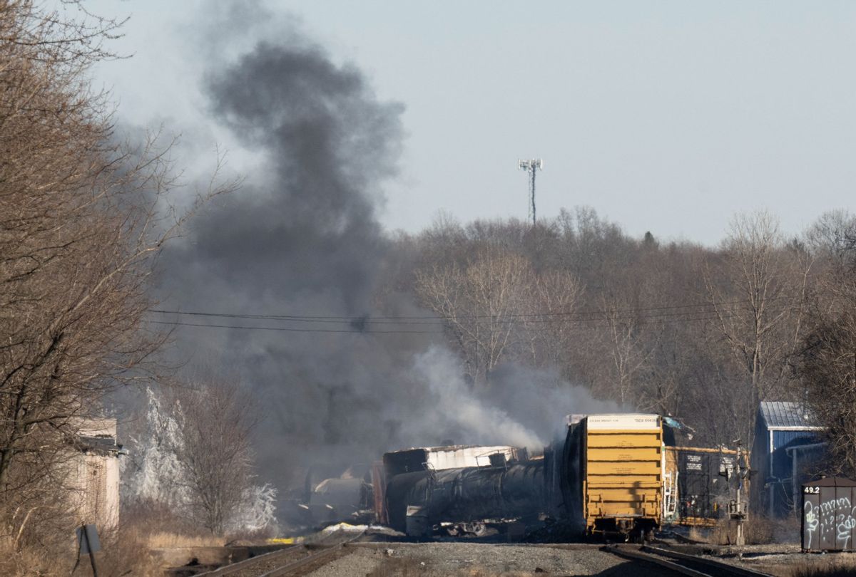 Smoke rises from a derailed cargo train in East Palestine, Ohio, on February 4, 2023. (DUSTIN FRANZ/AFP via Getty Images)