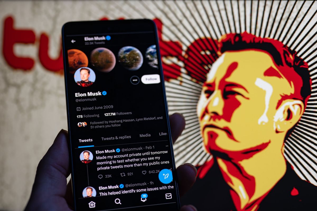 Elon Musk Twitter account private page seen on Mobile with Elon Musk in the background on screen. (Photo Illustration by Jonathan Raa/NurPhoto via Getty Images)