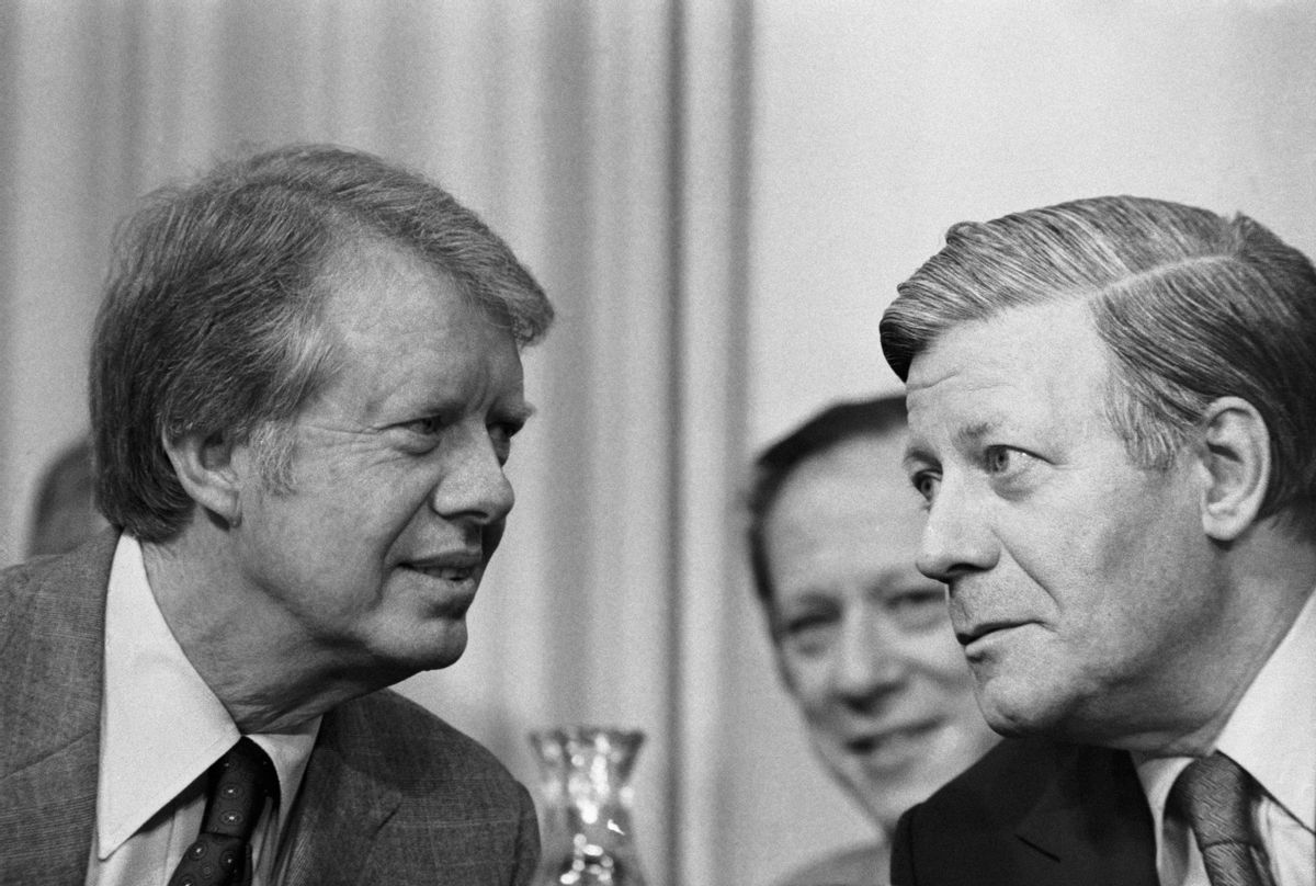 President Jimmy Carter and German Chancellor Helmut Schmidt at a summit of industrialized nations in London, May 8, 1977. (Photo by Pool SIMON/UZAN/Gamma-Rapho via Getty Images)