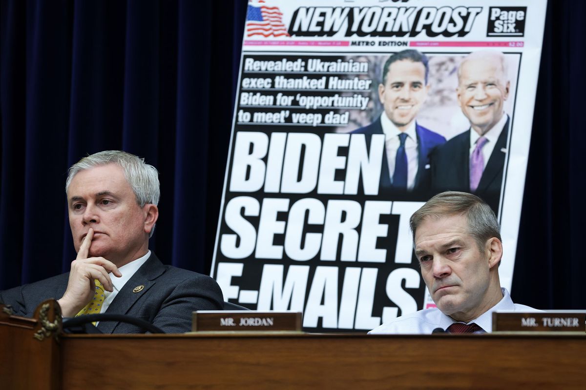 With a poster of a New York Post front-page story about Hunter Biden’s emails on display, Committee Chairman Rep. James Comer (R-KY) and Rep. Jim Jordon (R-OH) listen during a hearing before the House Oversight and Accountability Committee at Rayburn House Office Building on Capitol Hill on February 8, 2023 in Washington, DC. (Alex Wong/Getty Images)