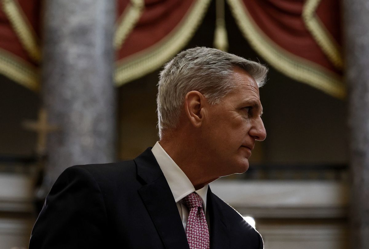 Speaker Kevin McCarthy (R-CA) departs after giving remarks at a news conference in Statuary Hall of the U.S. Capitol Building on February 02, 2023 in Washington, DC. (Anna Moneymaker/Getty Images)