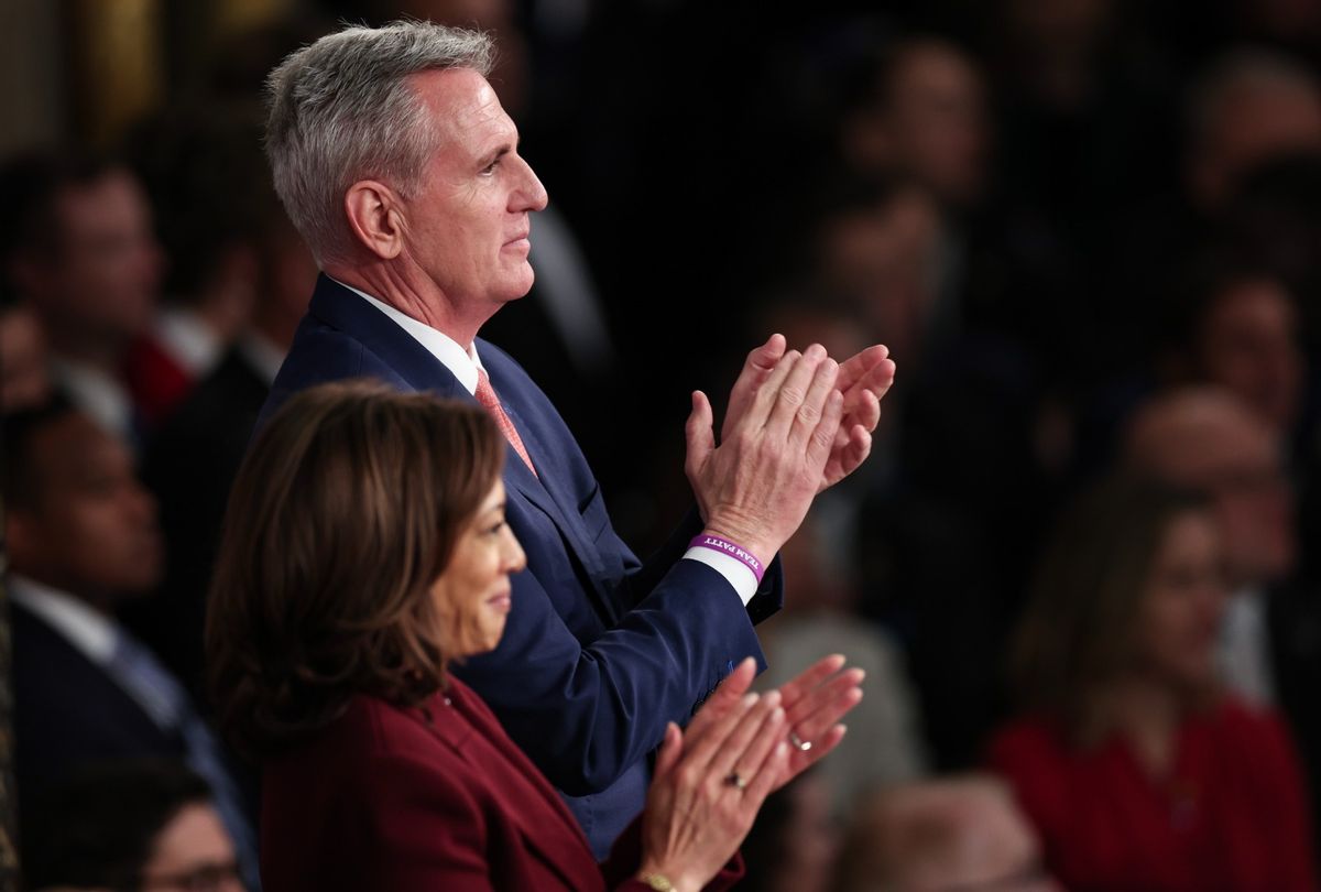 Vice President Kamala Harris and Speaker of the House Kevin McCarthy (R-CA) applaud as U.S. President Joe Biden delivers his State of the Union address during a joint meeting of Congress in the House Chamber of the U.S. Capitol on February 07, 2023 in Washington, DC. (Win McNamee/Getty Images)