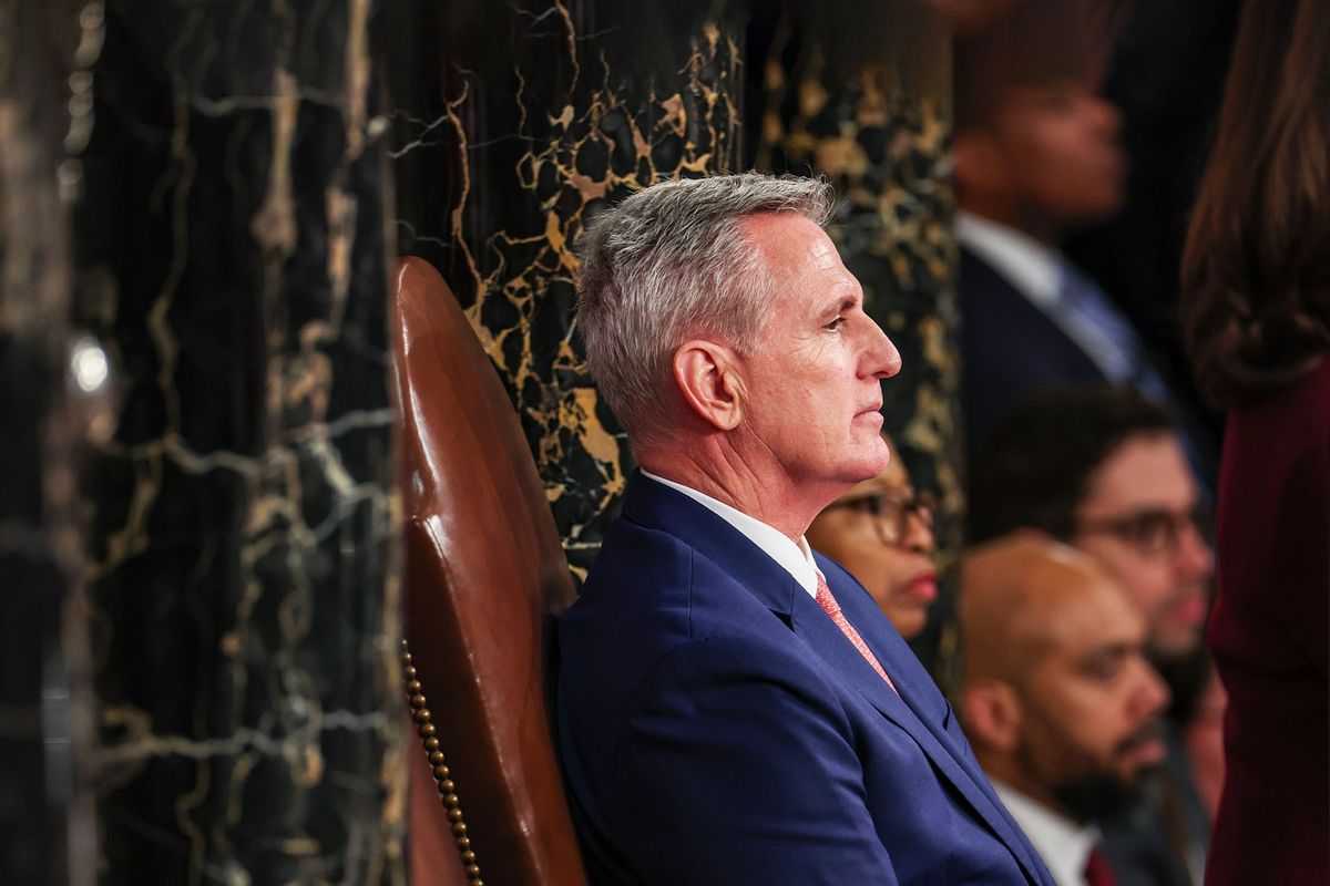 U.S. Speaker of the House Kevin McCarthy (R-CA) listens as President Joe Biden delivers his State of the Union address during a joint meeting of Congress in the House Chamber of the U.S. Capitol on February 07, 2023 in Washington, DC. (Win McNamee/Getty Images)