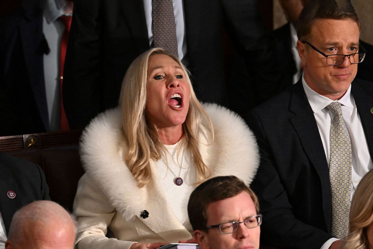US Republican Representative Marjorie Taylor Greene (R-GA) yells as US President Joe Biden delivers the State of the Union address at the US Capitol in Washington, DC, February 7, 2023. (JIM WATSON/AFP via Getty Images)