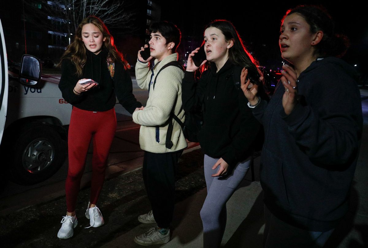 Michigan State University students react during an active shooter situation on campus on February 13, 2023 in Lansing, Michigan.  (Bill Pugliano/Getty Images)