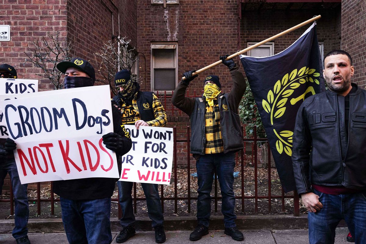 Members of far-right group Proud Boys gather to protest against Drag Story Hour outside the Queens Public Library on December 29, 2022 in New York. (YUKI IWAMURA/AFP via Getty Images)