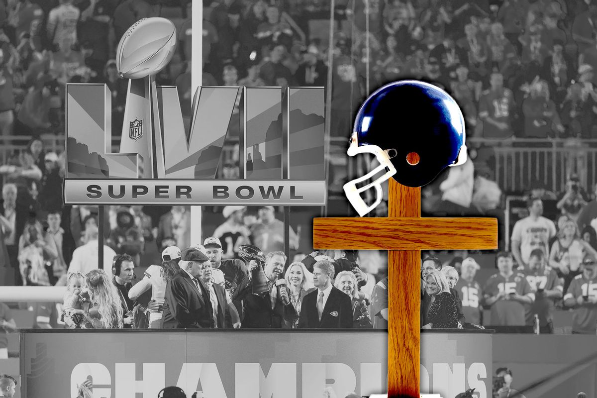 Football helmet on a cross | Super Bowl LVII at State Farm Stadium on February 12, 2023 in Glendale, Arizona. (Photo illustration by Salon/Getty Images)