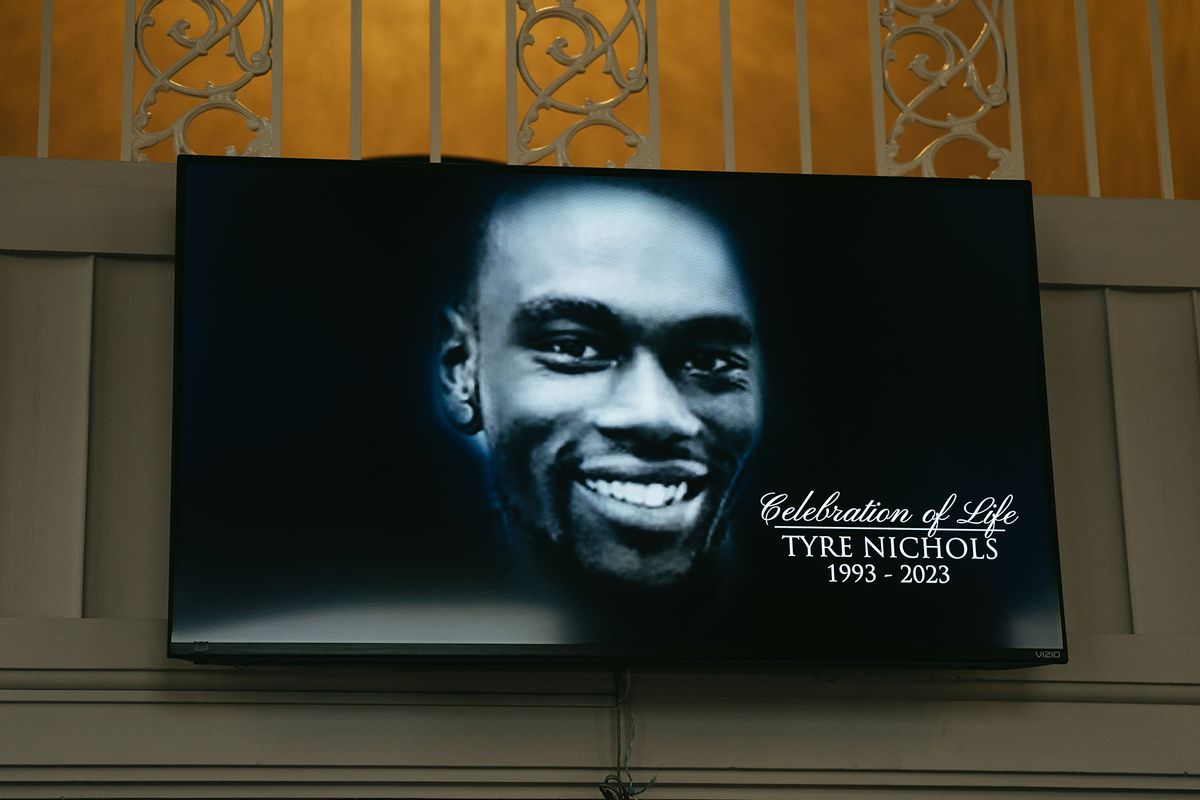 A screen at the entrance of Mississippi Boulevard Christian Church displays the celebration of life for Tyre Nichols on February 1, 2023 in Memphis, Tennessee. (Lucy Garrett/Getty Images)