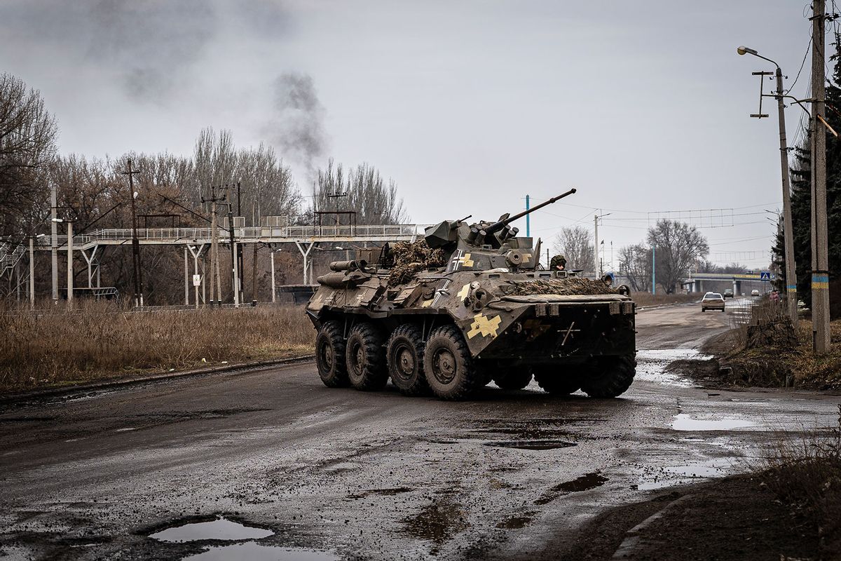 A tank drives by one of the main streets in Kostiantynivka, Ukraine on February 27, 2023. (Ignacio Marin Fernandez/Anadolu Agency via Getty Images)