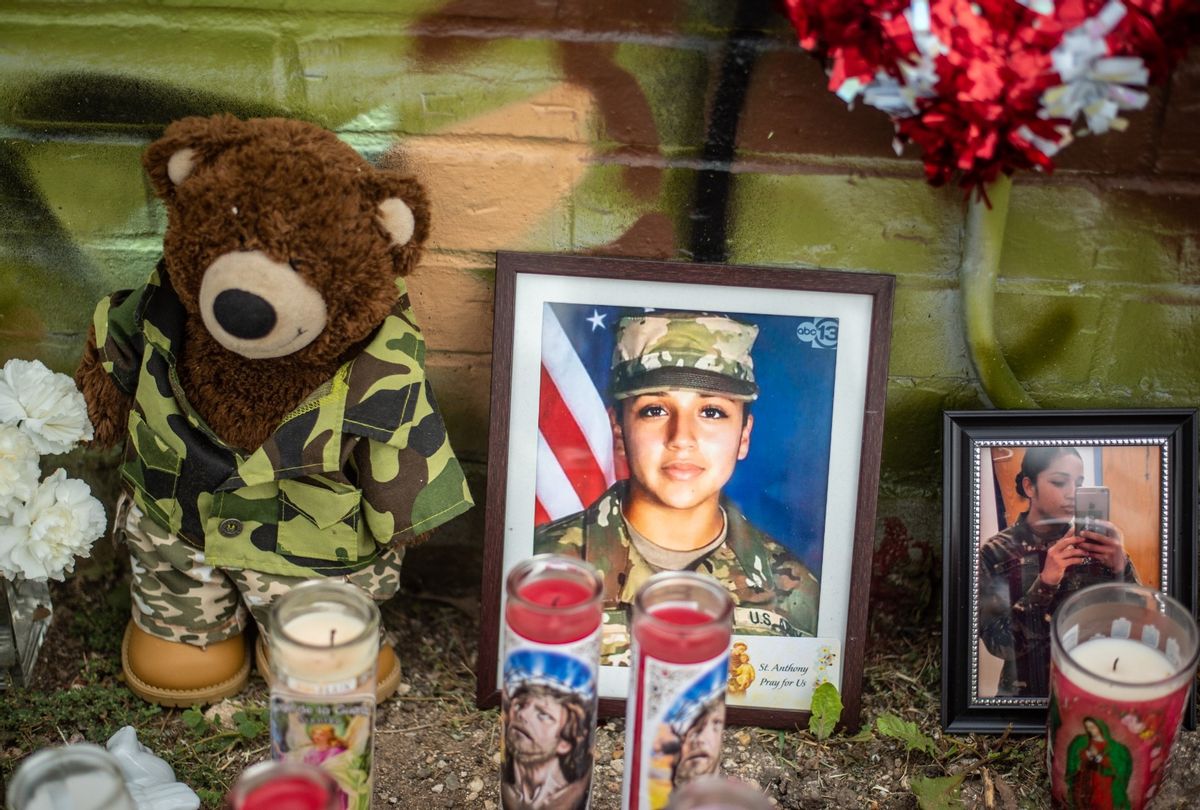 People pay respects at a mural of Vanessa Guillen, a soldier based at nearby Fort Hood on July 6, 2020 in Austin, Texas.  ( Sergio Flores/Getty Images)