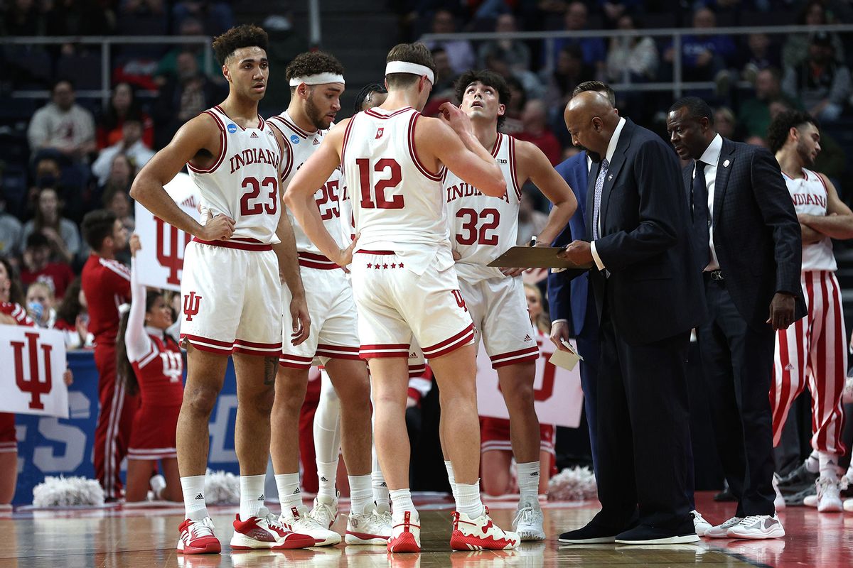 Head coach Mike Woodson of the Indiana Hoosiers speaks to his team in the first half against the Kent State Golden Flashes during the first round of the NCAA Men's Basketball Tournament at MVP Arena on March 17, 2023 in Albany, New York. (Rob Carr/Getty Images)