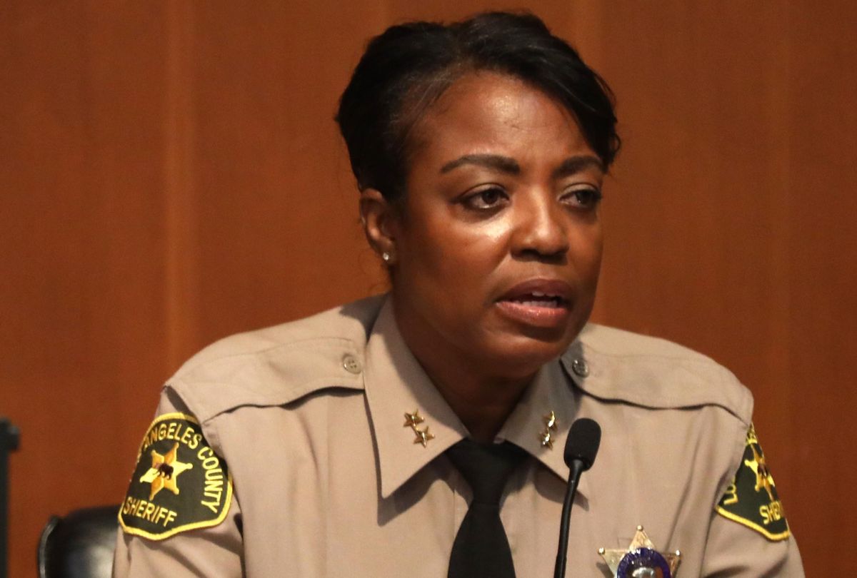 LASD Chief April Tardy, from Central Patrol Division, answers questions at the third public hearing in the Civilian Oversight Commission's investigation on deputy gangs at the Loyola Marymount University, Albert H. Girardi Advocacy Center in Los Angeles on July 1, 2022. (Genaro Molina / Los Angeles Times via Getty Images)