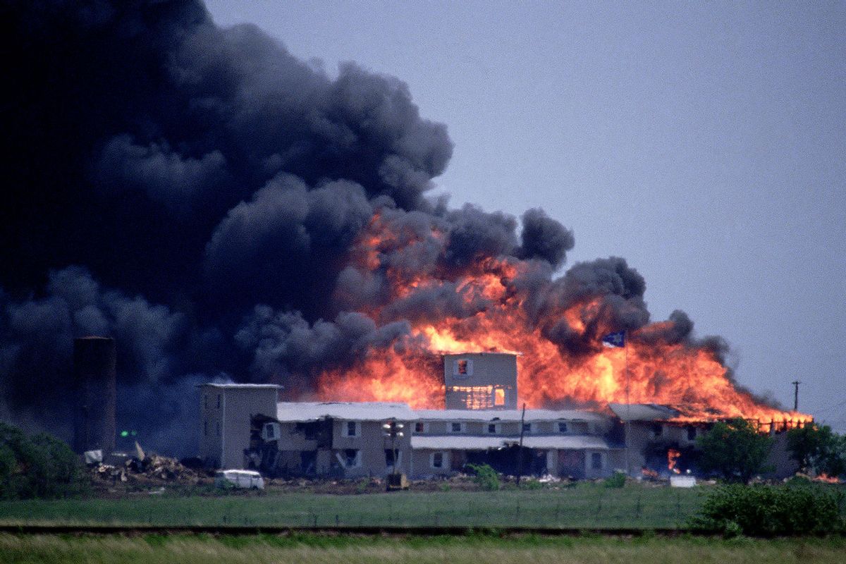 The Branch Davidians' Mount Carmel compound outside of Waco, Texas, burns to the ground during the 1993 raid by the Bureau of Alcohol, Tobacco and Firearms (ATF). (Greg Smith/CORBIS/Corbis via Getty Images)