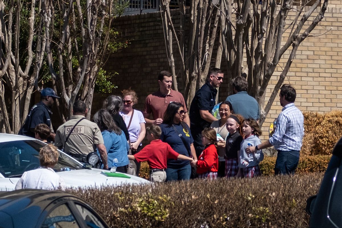 Children arrive at Woodmont Baptist Church to be reunited with their families after a mass shooting at The Covenant School on March 27, 2023 in Nashville, Tennessee. (Seth Herald/Getty Images)