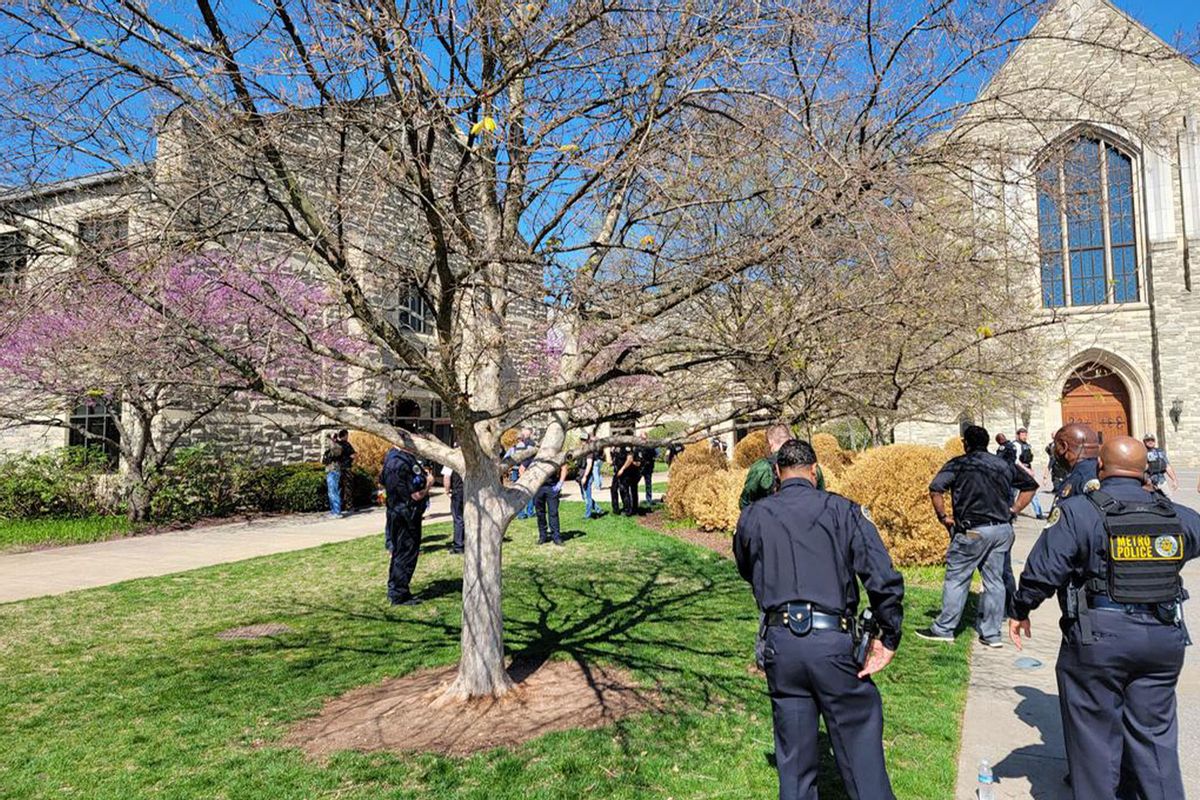 This photo provided by the Metro Nashville Police Department shows officers at an active shooter event that took place at The Covenant School at Covenant Presbyterian Church, in Nashville, Tenn., on March 27, 2023. (Photo from  the Metro Nashville Police Department)