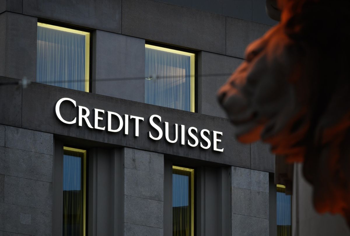 Sign of Switzerland's second largest bank Credit Suisse on a branch's building in downtown Geneva. (FABRICE COFFRINI/AFP via Getty Images)