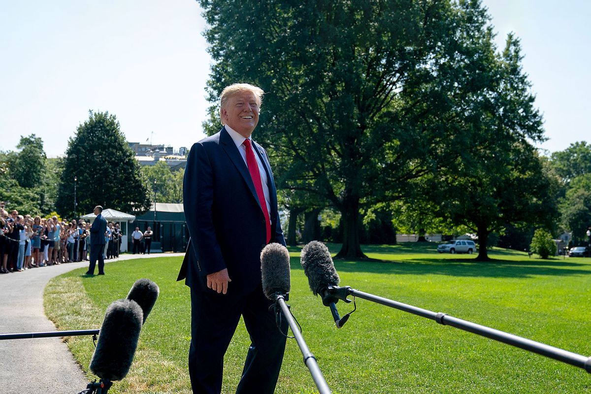 President Donald Trump speaks to members of the press before departing from the White House on the south lawn before he boards Marine One on August 09, 2019 in Washington, DC. (Tasos Katopodis/Getty Images)