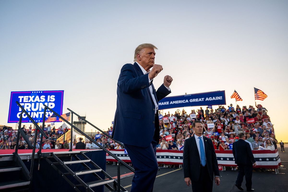 Former U.S. President Donald Trump dances while exiting after speaking during a rally at the Waco Regional Airport on March 25, 2023 in Waco, Texas. (Brandon Bell/Getty Images)