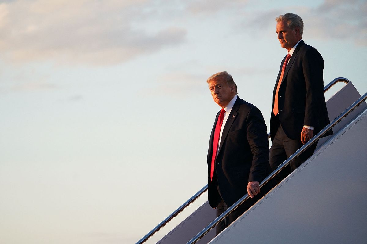 US President Donald Trump followed by US Representative Kevin McCarthy (R-CA) steps off Air Force One on May 30, 2020 at Joint Base Andrews, Maryland. (MANDEL NGAN/AFP via Getty Images)