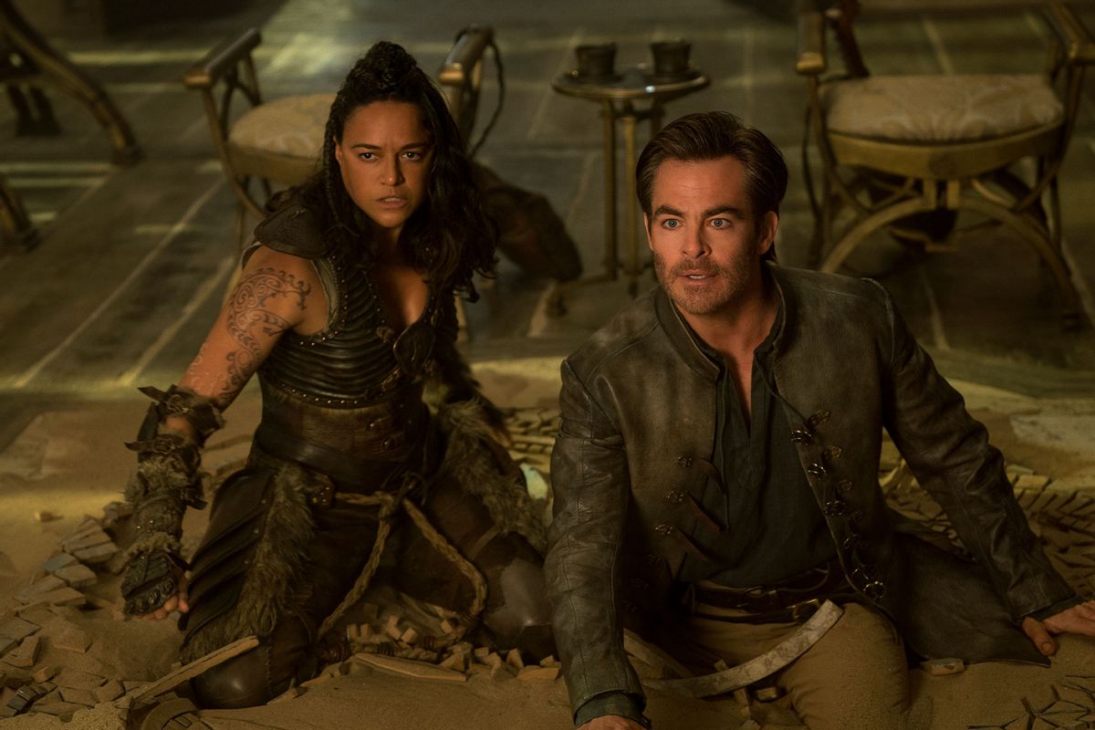 Chris Pine plays Edgin and Michelle Rodriguez plays Holga in "Dungeons & Dragons: Honor Among Thieves" (Paramount Pictures/ eOne)