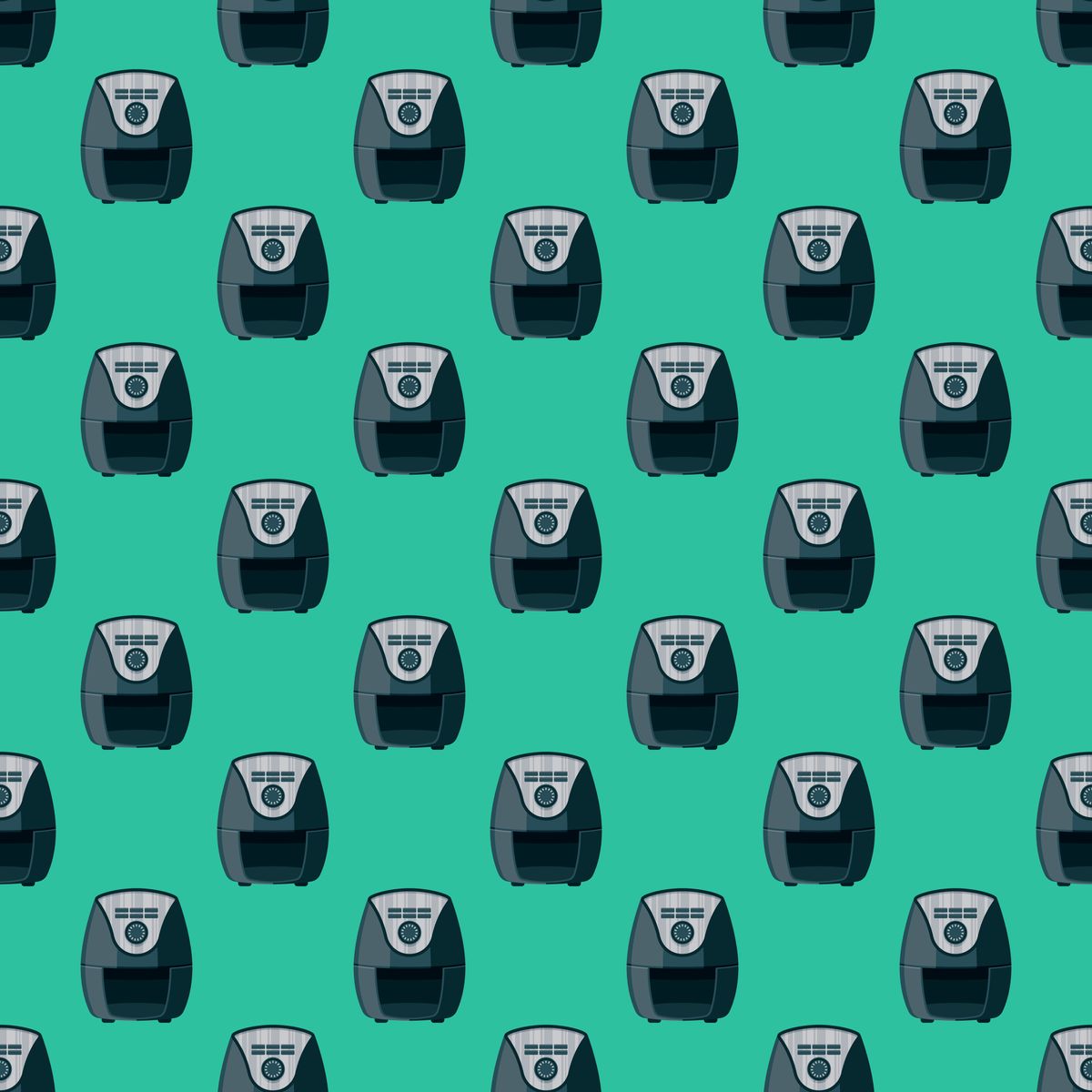 A repeating pattern of air fryer illustrations on a teal background. (bortonia/Getty Images)