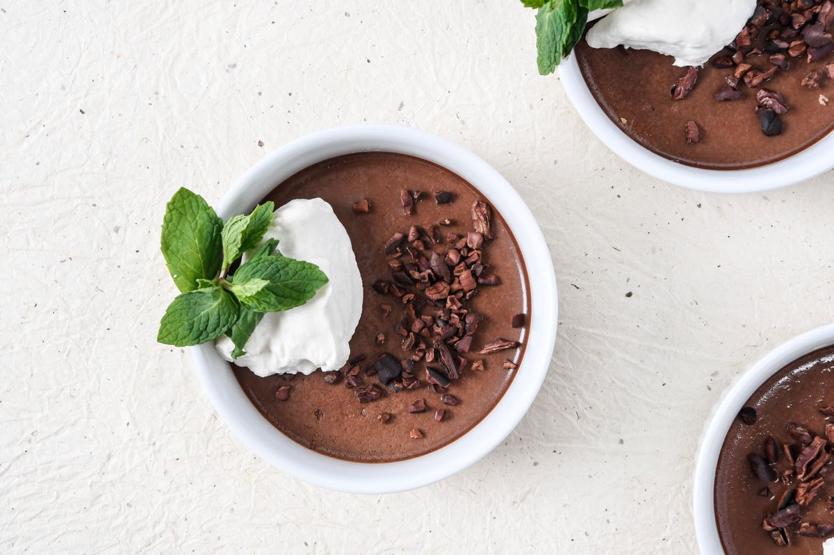 Fresh mint and chocolate pudding on a white background. (Mariah Tauger / Los Angeles Times via Getty Images)