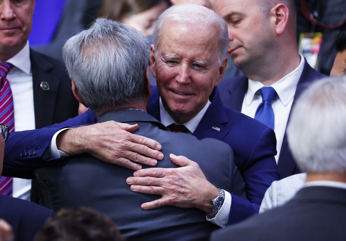 President Joe Biden hugs an audience member after delivering remarks at the Boys and Girls Club of West San Gabriel Valley on March 14, 2023 in Monterey Park, California.  (Mario Tama/Getty Images)