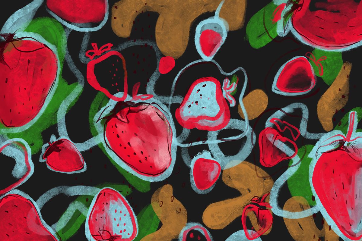 Hand drawn type of illustration of strawberries on black background. (Getty Images/J_art)