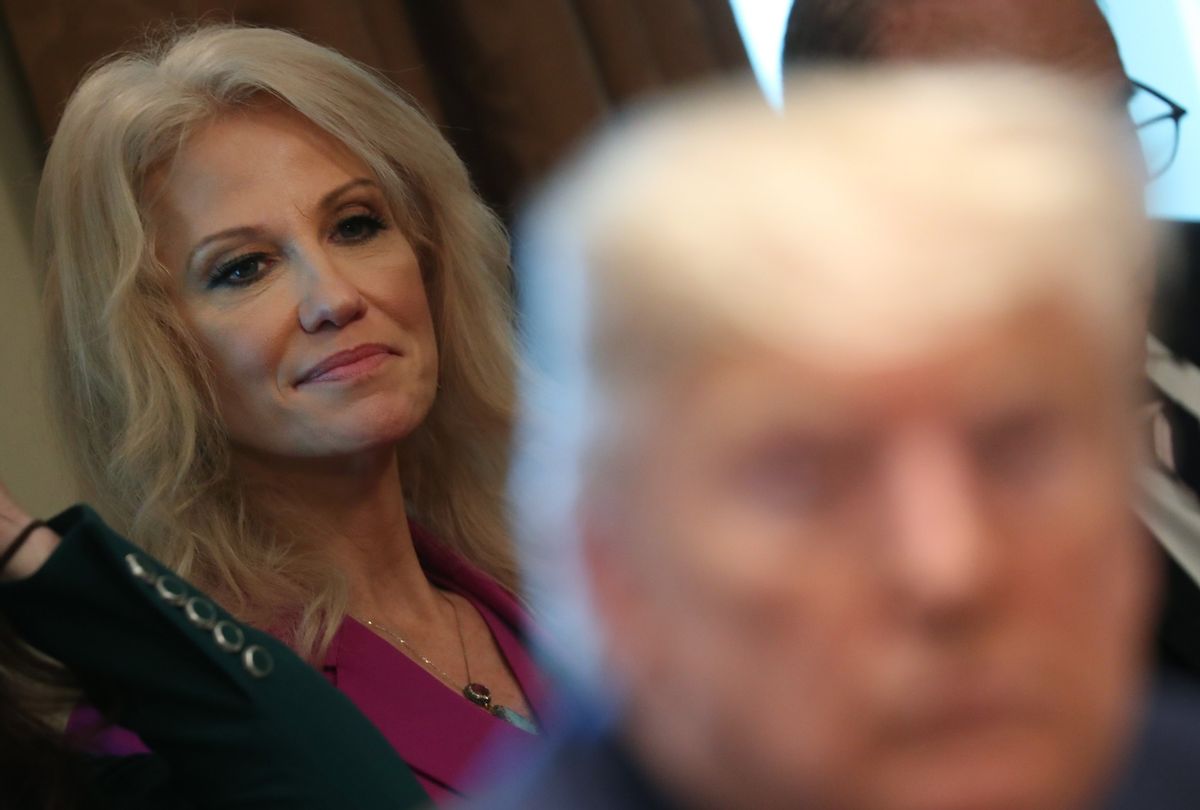 Former White House counselor Kellyanne Conway listens to former President Donald Trump speak to the media during a cabinet meeting at the White House on November 19, 2019 in Washington, DC. (Mark Wilson/Getty Images)