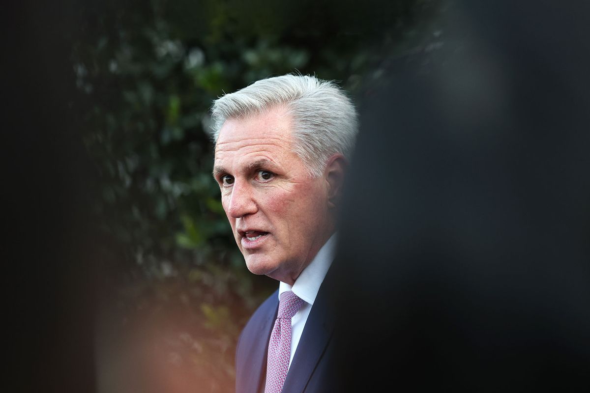 Speaker of the House Kevin McCarthy (R-CA) talks to reporters after meeting with U.S. President Joe Biden at the White House February 01, 2023 in Washington, DC. (Kevin Dietsch/Getty Images)