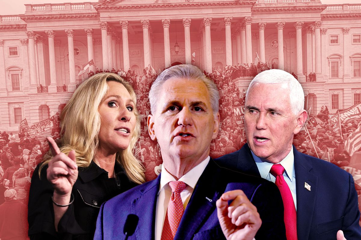 Kevin McCarthy, Marjorie Taylor Greene and Mike Pence (Photo illustration by Salon/Getty Images)