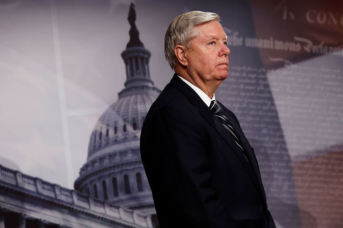 Sen. Lindsey Graham (R-SC) holds a news conference to introduce the bipartisan and bicameral Holding Accountable Russian Mercenaries (HARM) Act to designate The Wagner Group an international terrorist organization at the U.S. Capitol on February 16, 2023 in Washington, DC. (Chip Somodevilla/Getty Images)