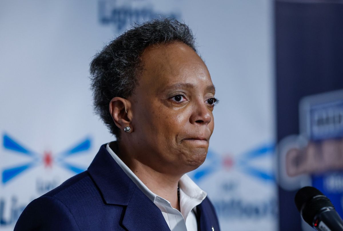 Chicago Mayor Lori Lightfoot reacts as she speaks during election night rally at Mid-America Carpenters Regional Council on February 28, 2023 in Chicago, Illinois. (Kamil Krzaczynski/Getty Images)