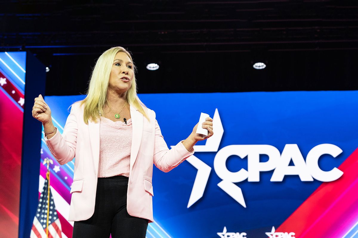 Congresswoman Marjorie Taylor Greene speaks on the 2nd day of the CPAC (Conservative Political Action Conference) Washington, DC conference at Gaylord National Harbor Resort & Convention. (Lev Radin/Pacific Press/LightRocket via Getty Images)