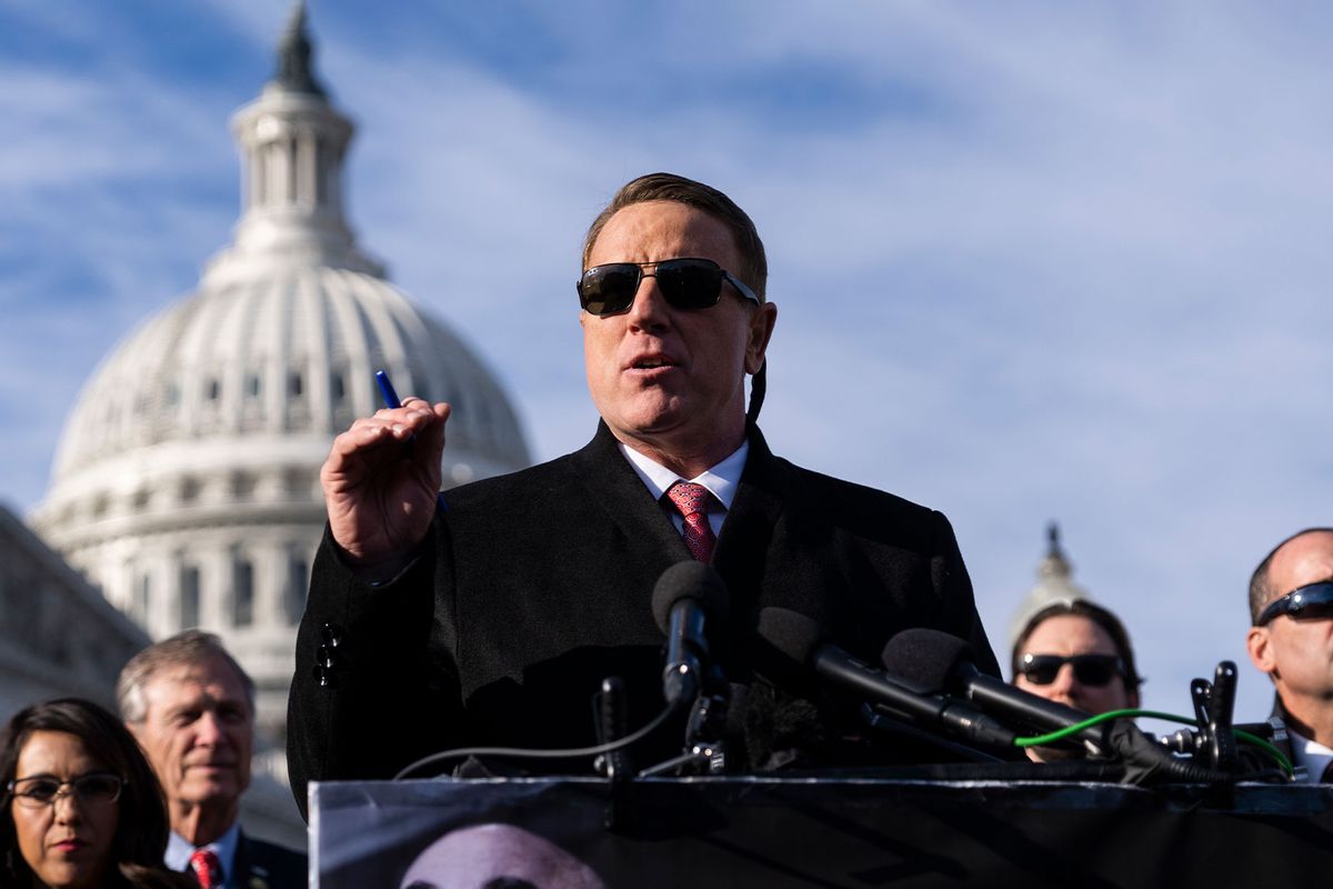 Rep. Pat Fallon, R-Texas, speaks during a news conference outside the U.S. Capitol on Wednesday, February 1, 2023. (Tom Williams/CQ-Roll Call, Inc via Getty Images)