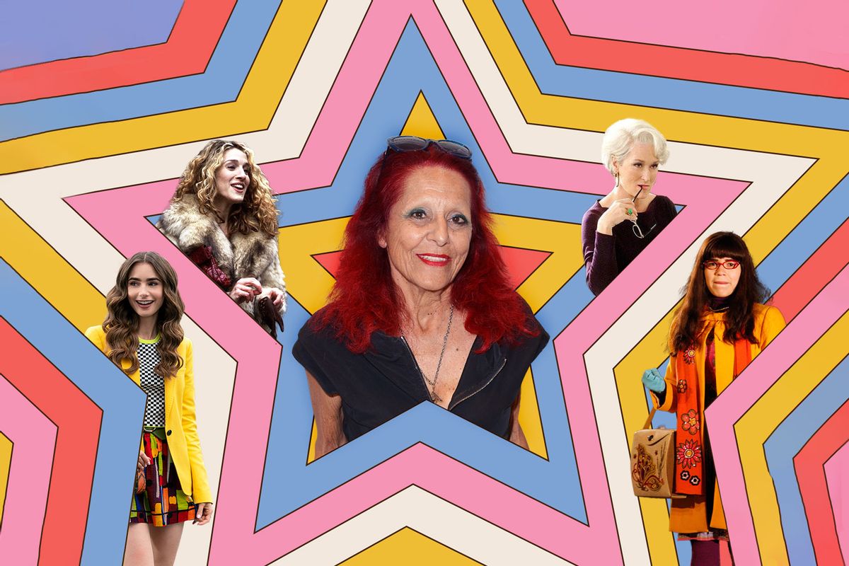 Costume designer Patricia Field surrounded by characters she's outfitted from Ugly Betty, Sex and the City, The Devil Wears Prada and Emily In Paris. (Photo illustration by Salon/Getty Images/20th Century Fox/Stephanie Branchu/Netflix)