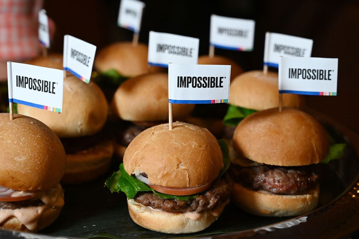 The Impossible Burger 2.0, the new and improved version of the company's plant-based vegan burger that tastes like real beef is introduced at a press event during CES 2019 in Las Vegas, Nevada on January 7, 2019. (ROBYN BECK/AFP via Getty Images)