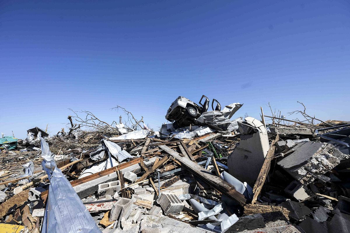 A view of damage after a tornado tore through the US state of Mississippi, United States on March 25, 2023. At least 25 people have been killed and dozens injured after a tornado tore through the US state of Mississippi late Friday. (Fatih Aktas/Anadolu Agency via Getty Images)