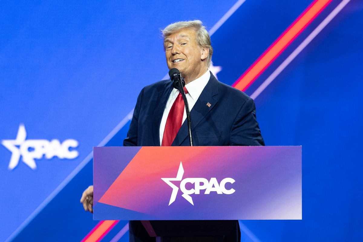 Donald J. Trump delivering his speech at CPAC on March 4, 2023  (Lev Radin/Pacific Press/LightRocket via Getty Images)