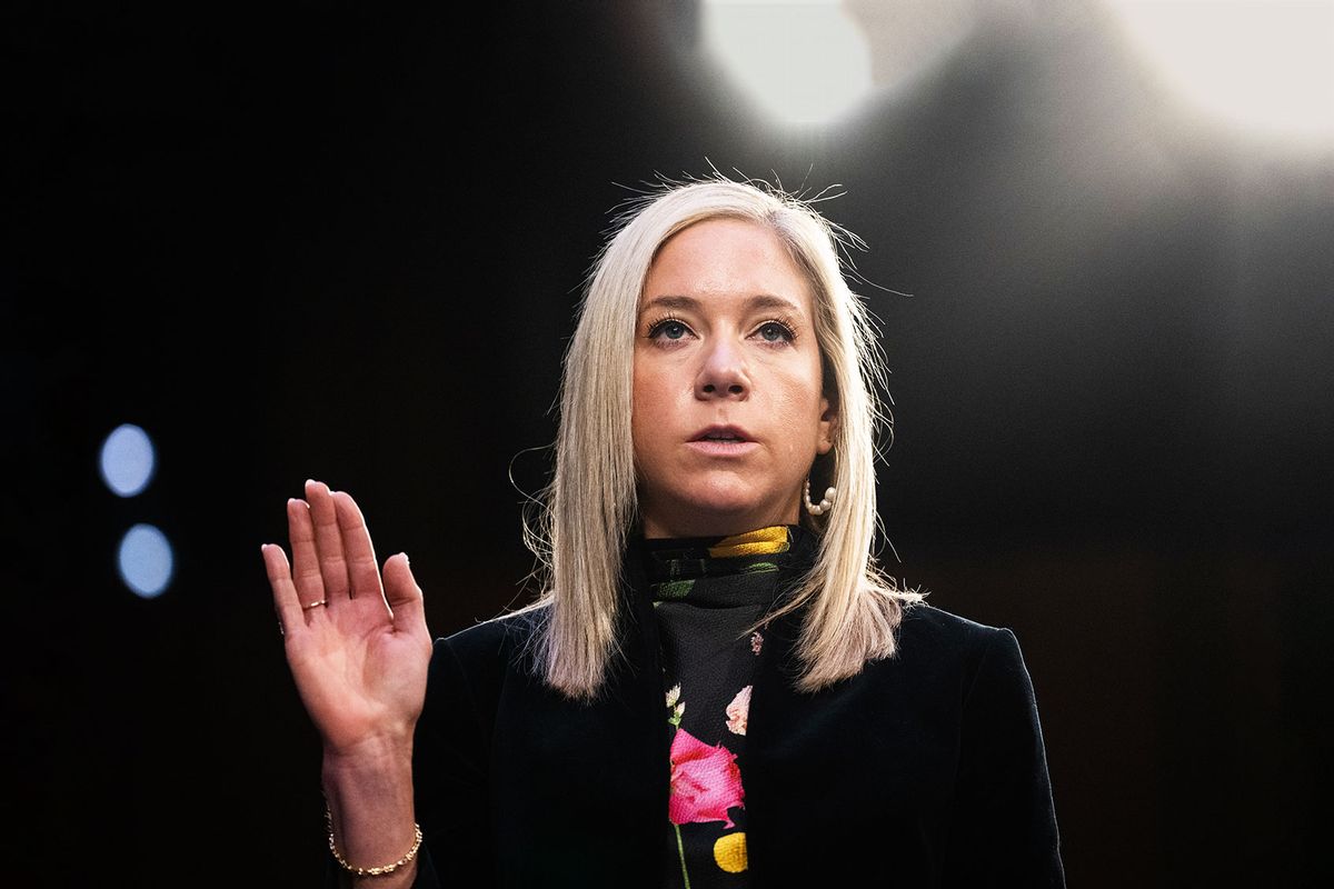 Amanda Zurawski of Austin, Texas, is sworn in to the Senate Judiciary Committee hearing titled "The Assault on Reproductive Rights in a Post-Dobbs America," in Hart Building on Wednesday, April 26, 2023. (Tom Williams/CQ-Roll Call, Inc via Getty Images)