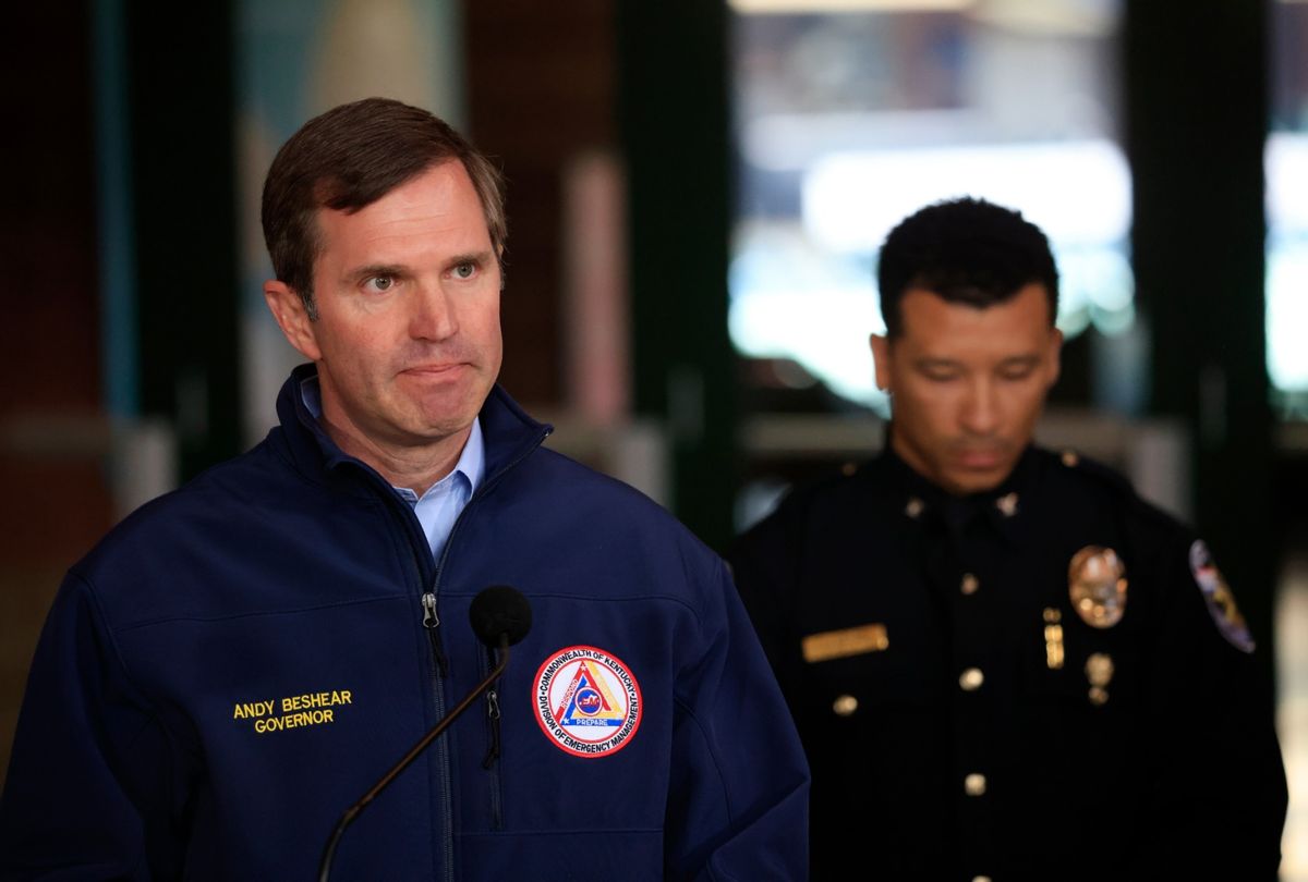 Andy Beshear, Governor of Kentucky, speaks during a news conference after a gunman opened fire at the Old National Bank building on April 10, 2023 in Louisville, Kentucky.  (Luke Sharrett/Getty Images)