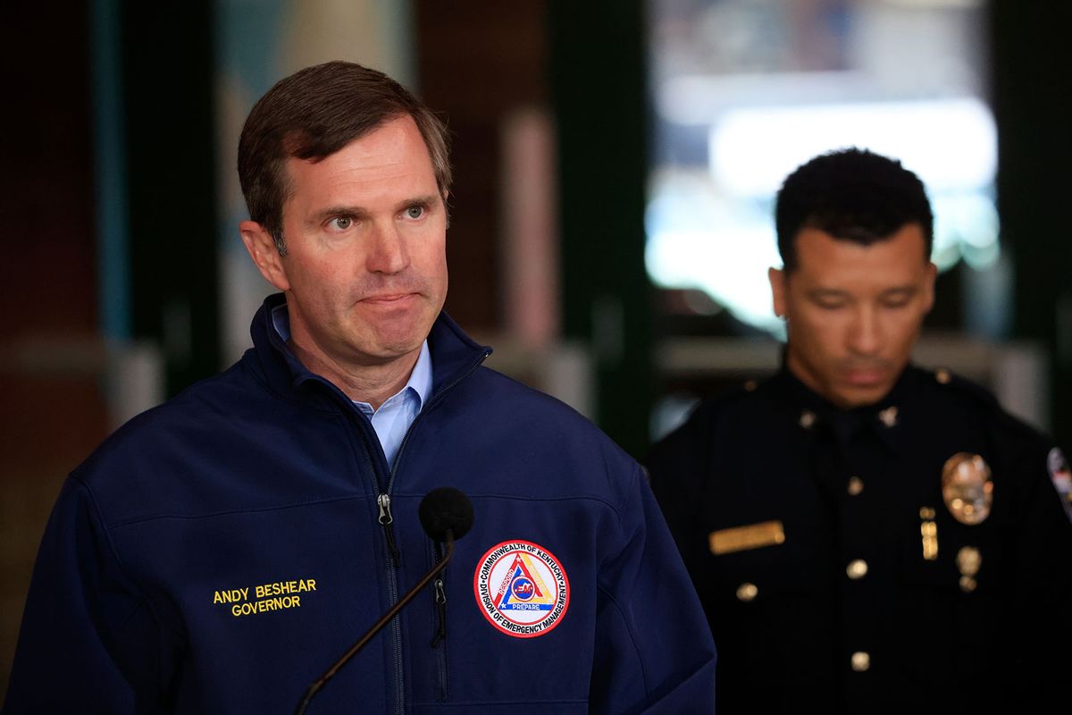 Andy Beshear, Governor of Kentucky, speaks during a news conference after a gunman opened fire at the Old National Bank building on April 10, 2023 in Louisville, Kentucky. (Luke Sharrett/Getty Images)