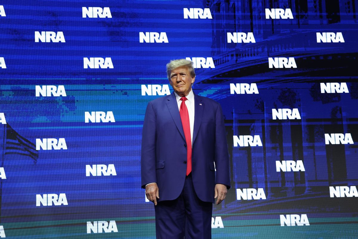 Former President Donald Trump arrives to speak to guests at the 2023 NRA-ILA Leadership Forum on April 14, 2023 in Indianapolis, Indiana. (Scott Olson/Getty Images)