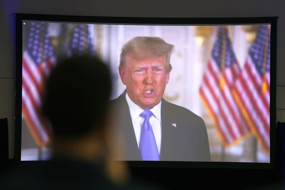 Former President Donald Trump speaks to guests at the 2023 NRA-ILA Leadership Forum on April 14, 2023 in Indianapolis, Indiana. (Scott Olson/Getty Images)