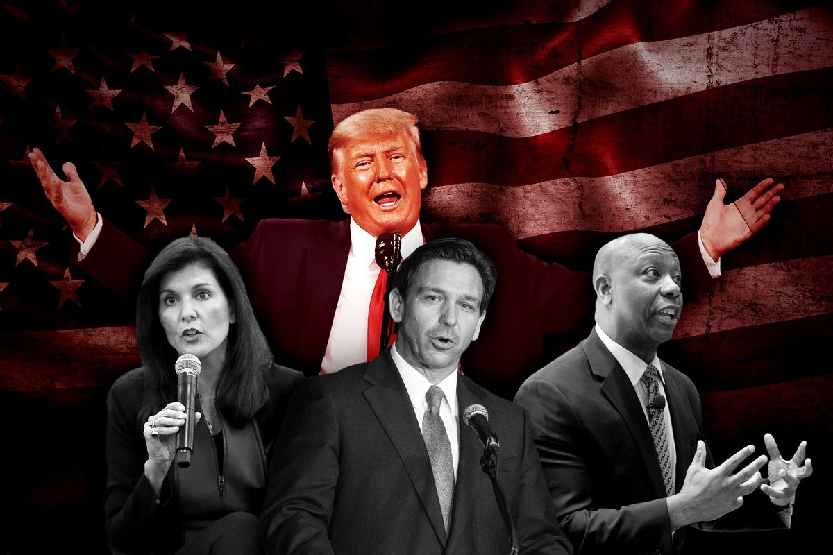 Donald Trump looming over Nikki Haley, Ron DeSantis and Tim Scott (Photo illustration by Salon/Getty Images)