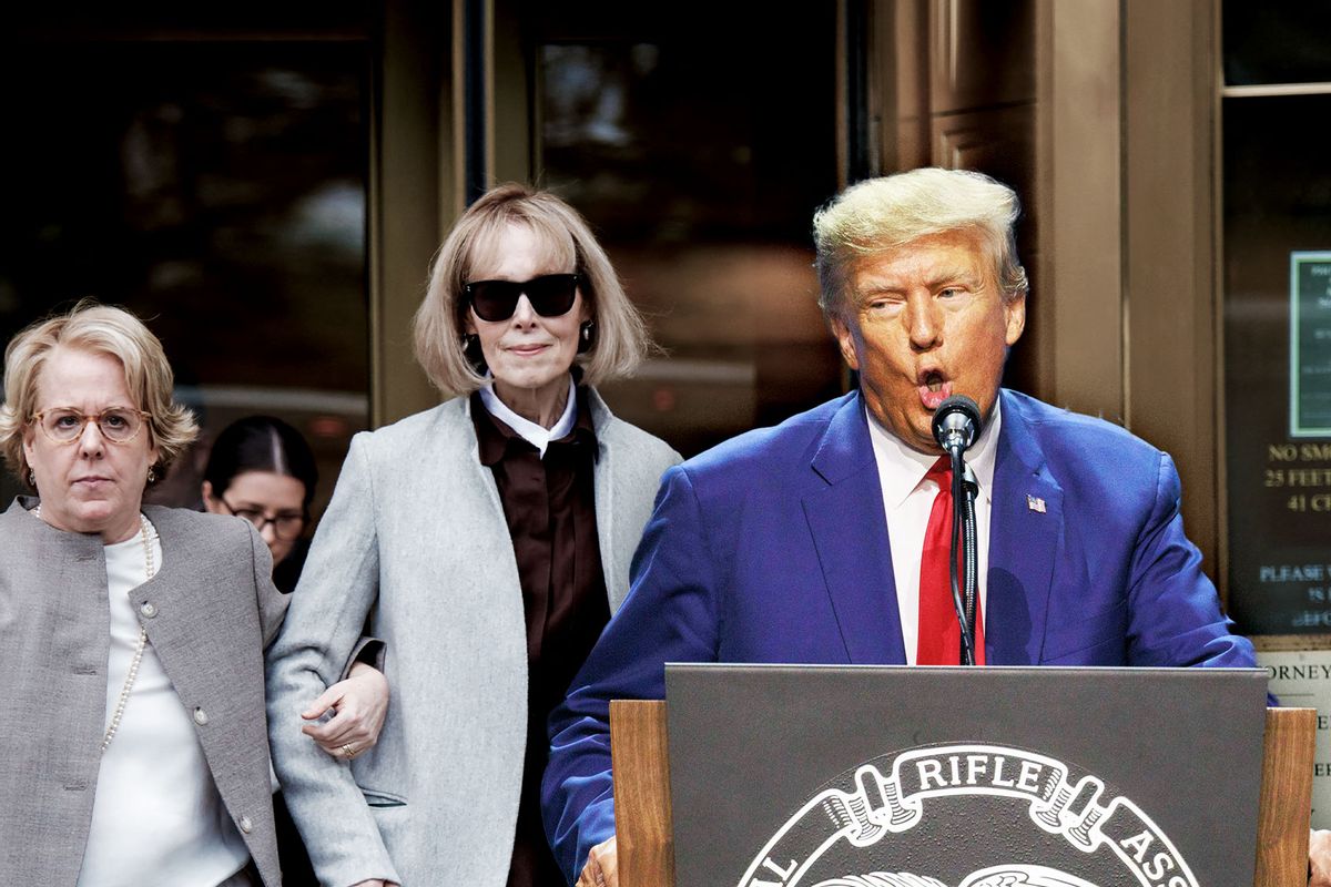 Writer E. Jean Carroll (C) leaves the Manhattan Federal Court in New York on April 25, 2023 | Donald Trump (Photo illustration by Salon/Getty Images)