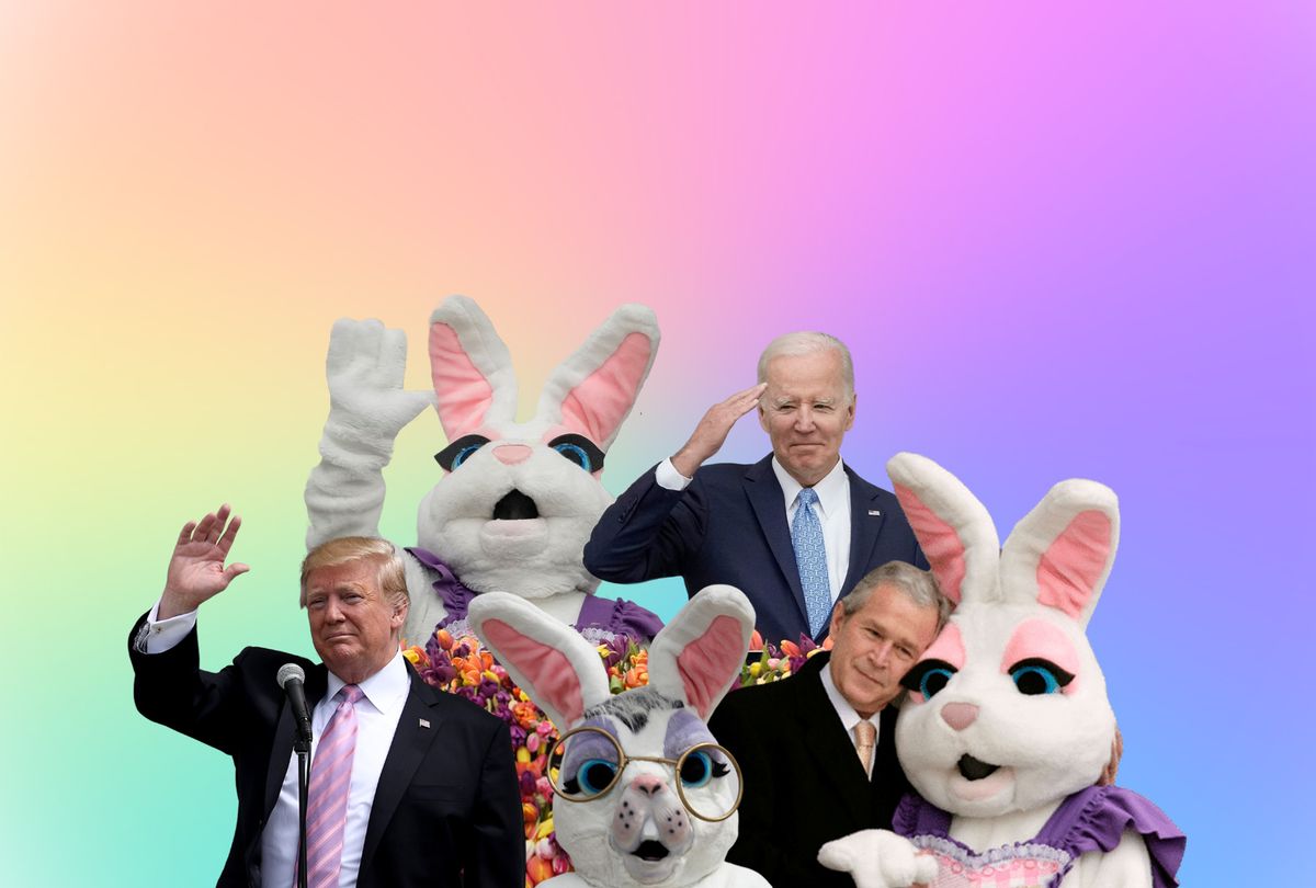 Presidents Donald Trump, Joe Biden and George W. Bush attend the Easter Egg Roll during their presidencies at the White House. (Photo illustration by Salon / Mandel Ngan / AFP / Drew Angerer / Win McNamee / Chip Somodevilla / Getty Images)